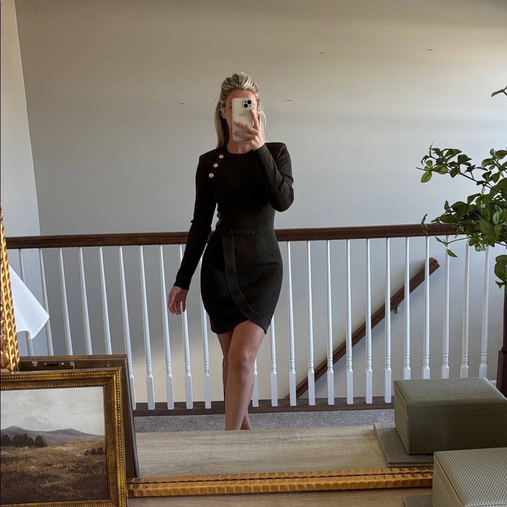 Chic Olive Long Sleeve Dress with Button Detail